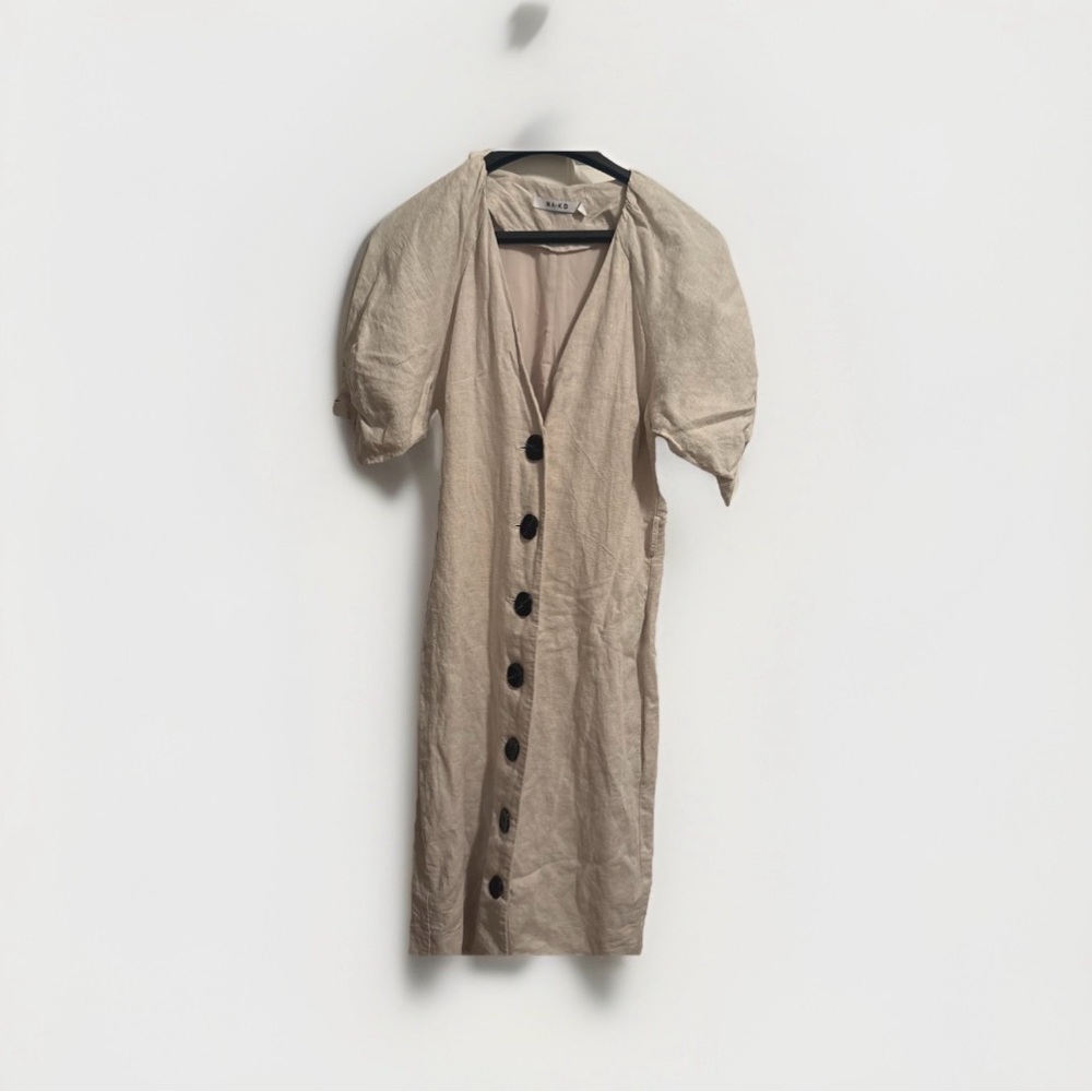 NA-KD BUTTONED LINEN DRESS V-NECK PUFF SLEEVES SAND SIZE SMALL - Picture 2 of 13